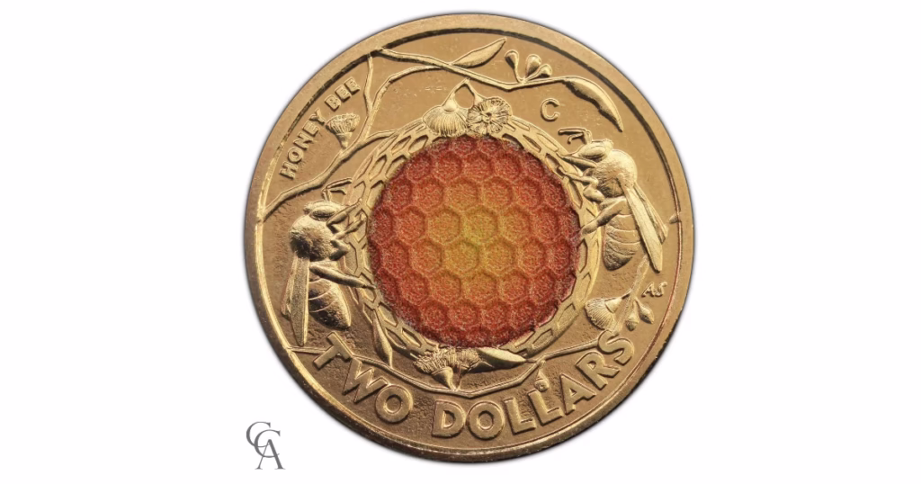 2022 Australian Honey Bee $2 colored coin with honeycomb center