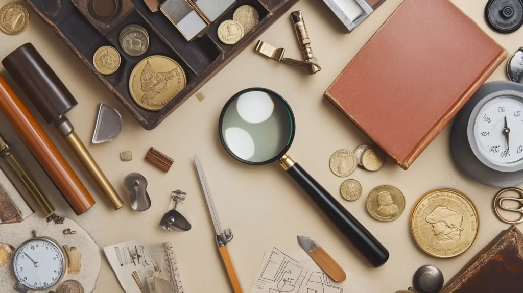Numismatic tools for beginners, including a loupe and Red Book, to identify valuable coins"