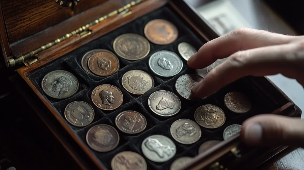 Beginner sorting coins on a table with a magnifying glass, following a beginner’s guide to coin collecting with 5 steps.